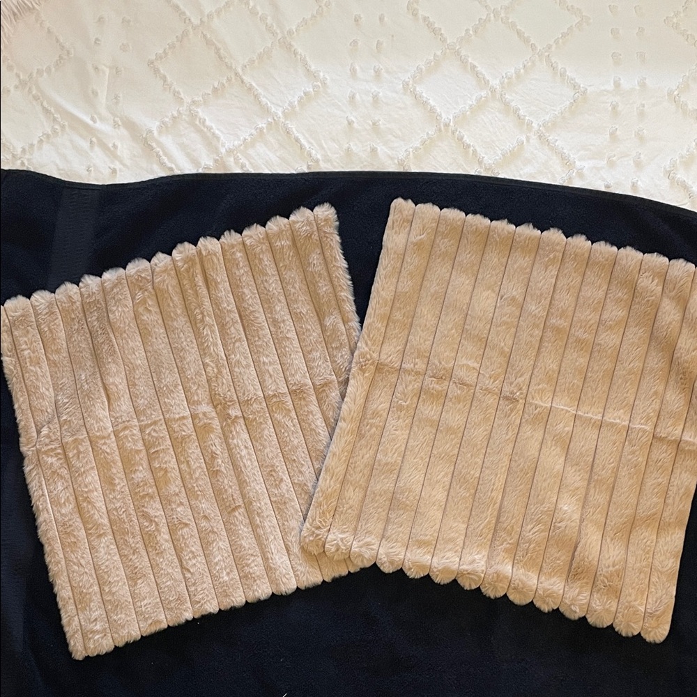 Beige Ribbed soft fuzzy faux fur pillow covers new set of two